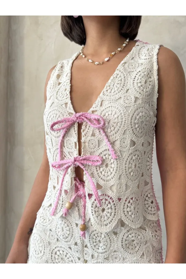 Denim Detailed Front Tie Lace Wholesale Vest Raw Pink | Topshow