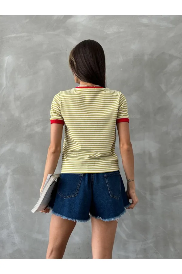 Topshow Fıstık Kırmızı Nakışlı Çizgili Toptan Tişört