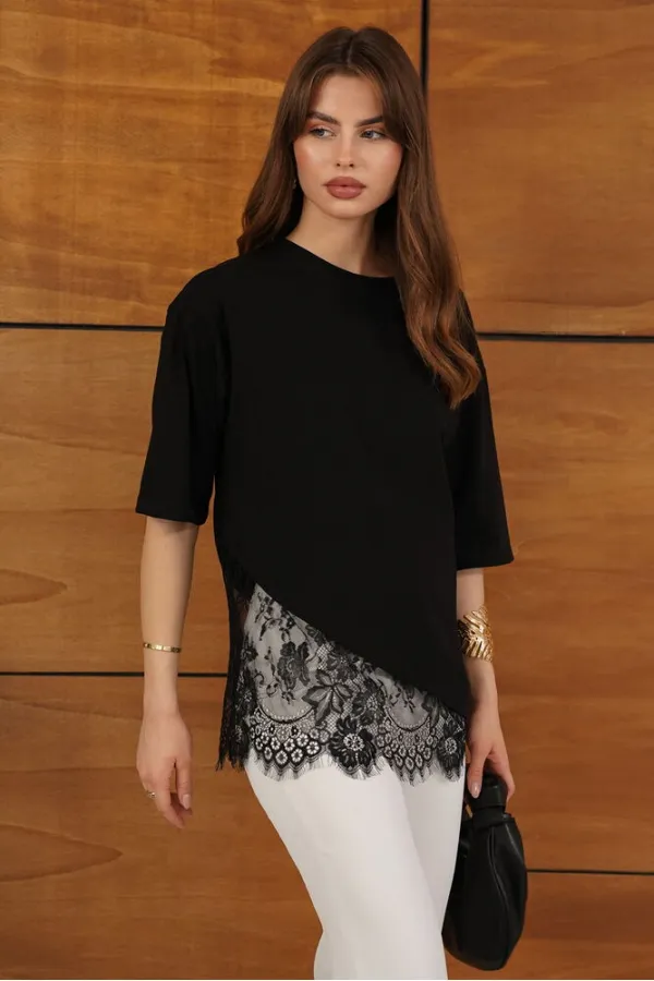 D 2953 DANTEL DETAYLI ASİMETRİK TİŞÖRT - SİYAH