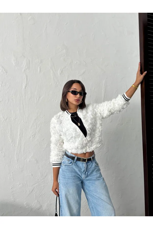 Topshow - Manteau zippé imprimé rose en gros - Crème