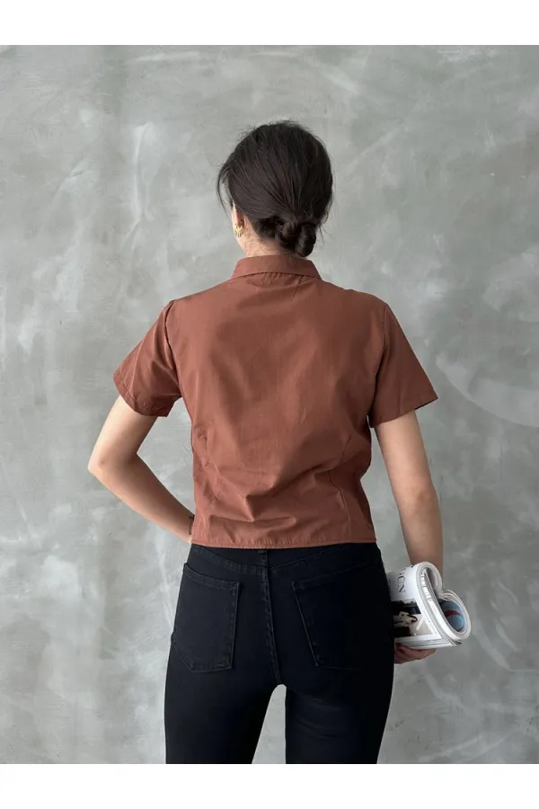 Topshow Brown Gipel Front Gathered Wholesale Blouse