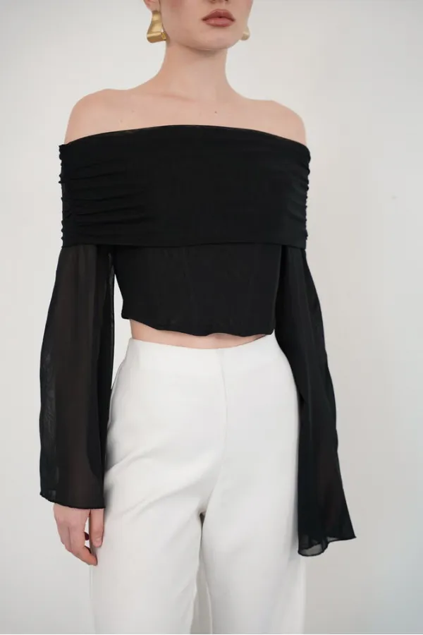 Blouse en tulle à manches longues en gros - Noire | D2977 - Topshow