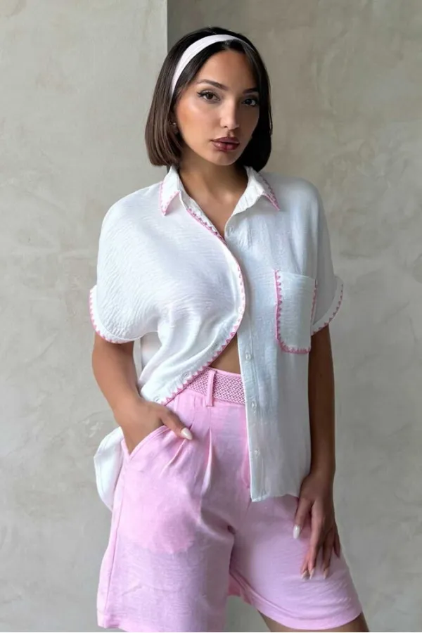 Çoban  Dikişli Keten Gömlek - Krem Pembe - D2597 | Topshow
