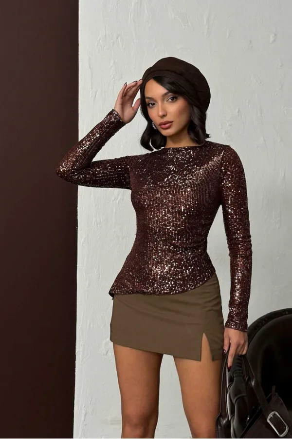 Shiny Sequin Long-Sleeved Wholesale Blouse - Dark Brown | F2060