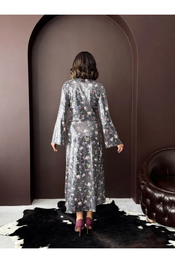 Topshow - Wholesale Floral Printed Sequin Long Skirt - Flower Dsn Sequin
