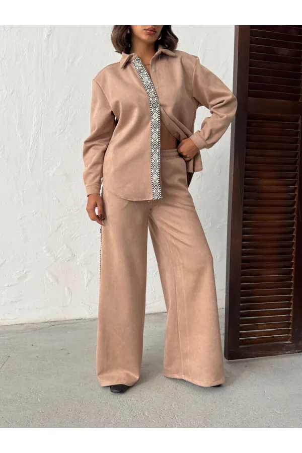 Topshow Stripe Detailed Scuba Suede Trousers - Mink | F1972