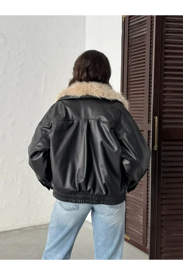 Topshow | Yakası Kürklü Kruvaze Deri Mont - Siyah Taş | F2050