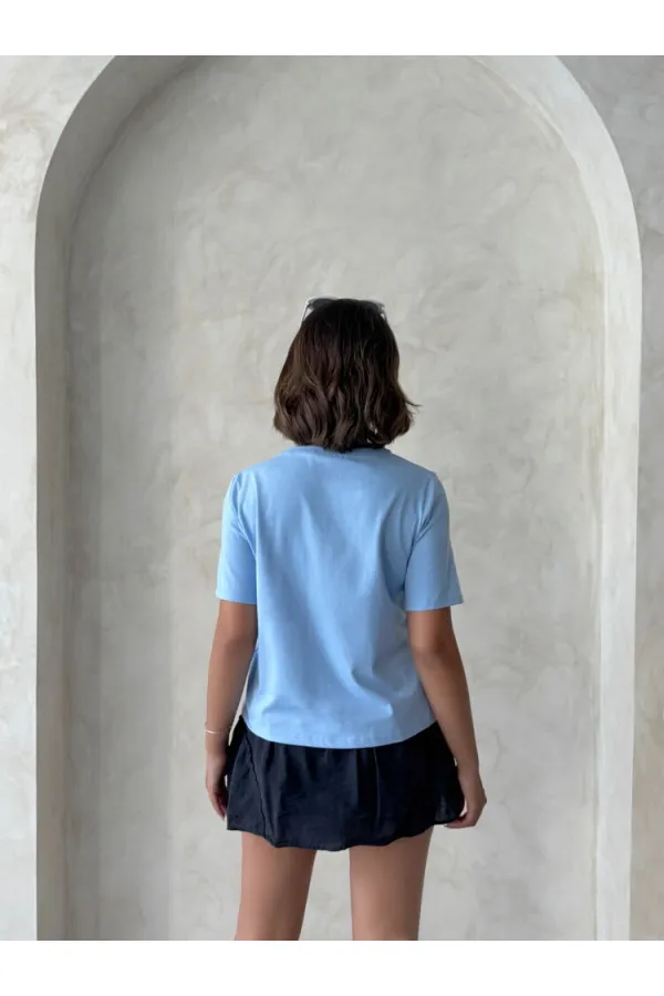 Çiçek Detaylı Tişört - Mavi | Topshow