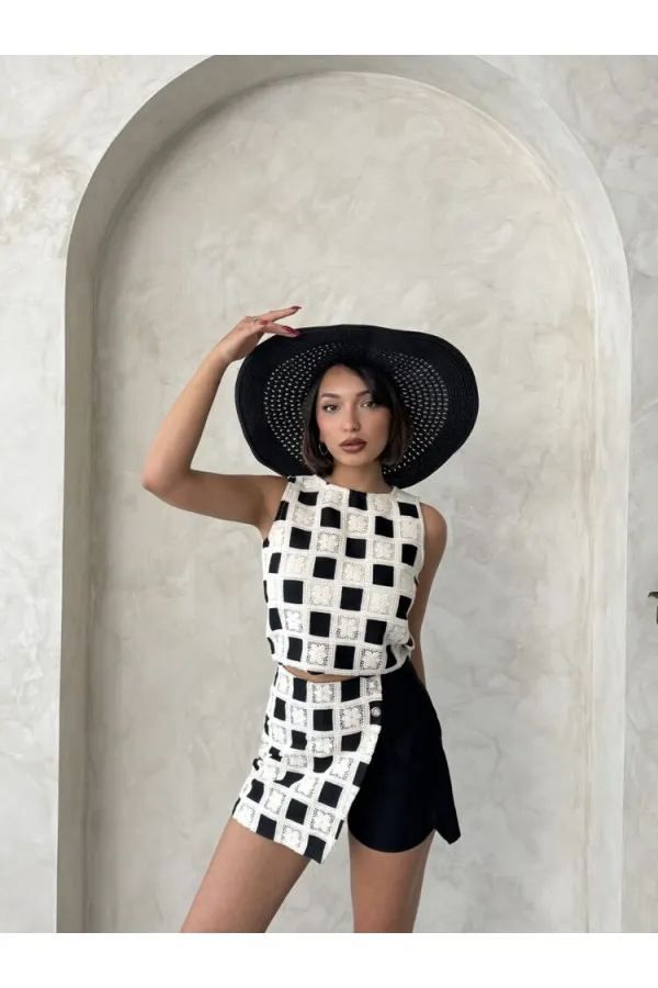 Dantel Detaylı Kare Desen Şort Toptan Etek - Siyah Siyah | Topshow