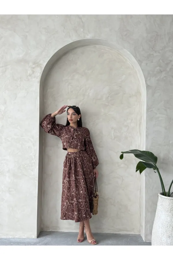 Nakışlı Toptan Etek - Kahve | Topshow | F1901