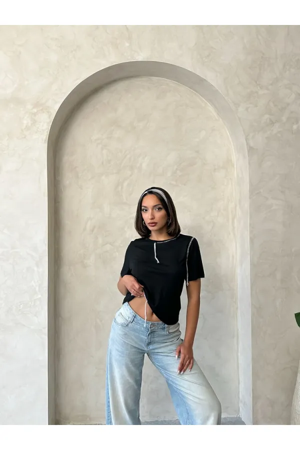 Topshow Siyah Çoban Dikişli Toptan Tişört