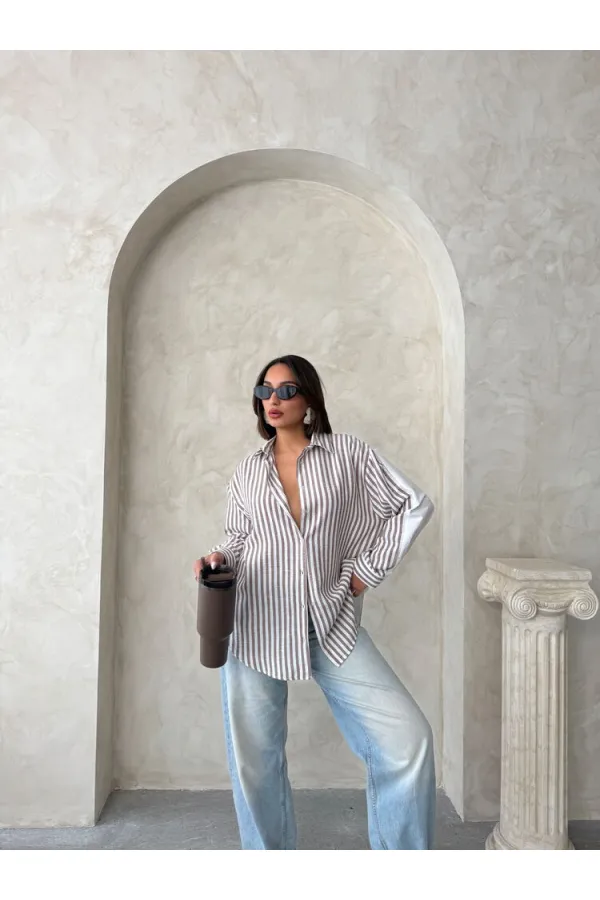 Chemise rayée en lin - Marron | Topshow | F1919