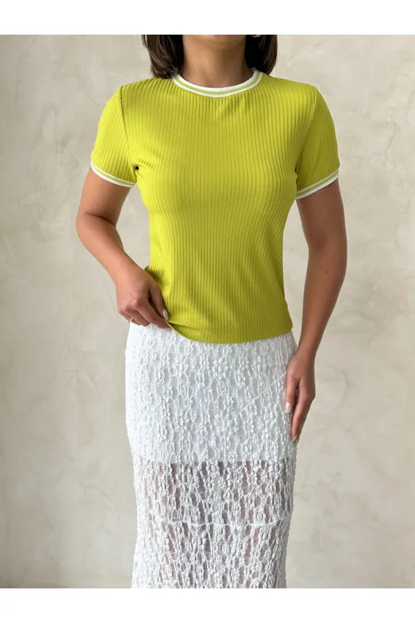 Topshow Fistık Krem Bisiklet Yaka Toptan T-Shirt