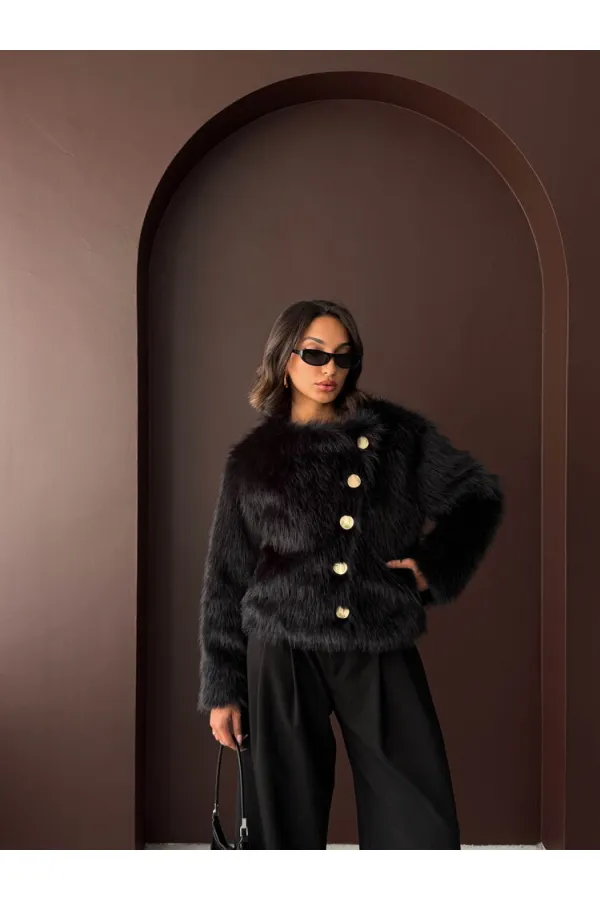 Topshow - Manteau boutonné en fourrure de lapin en gros - Noir