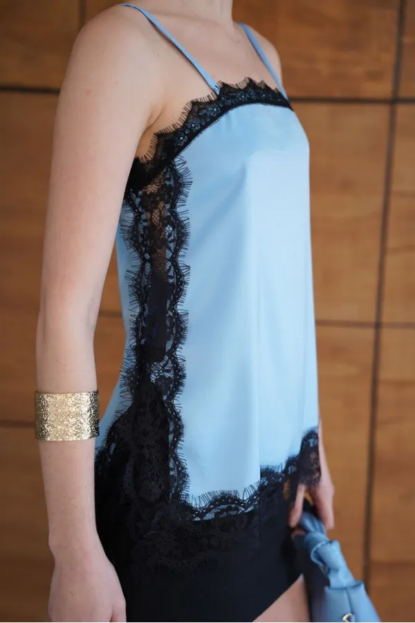 Lace Detail Strappy Satin Tunic - Blue | D2931 - Topshow