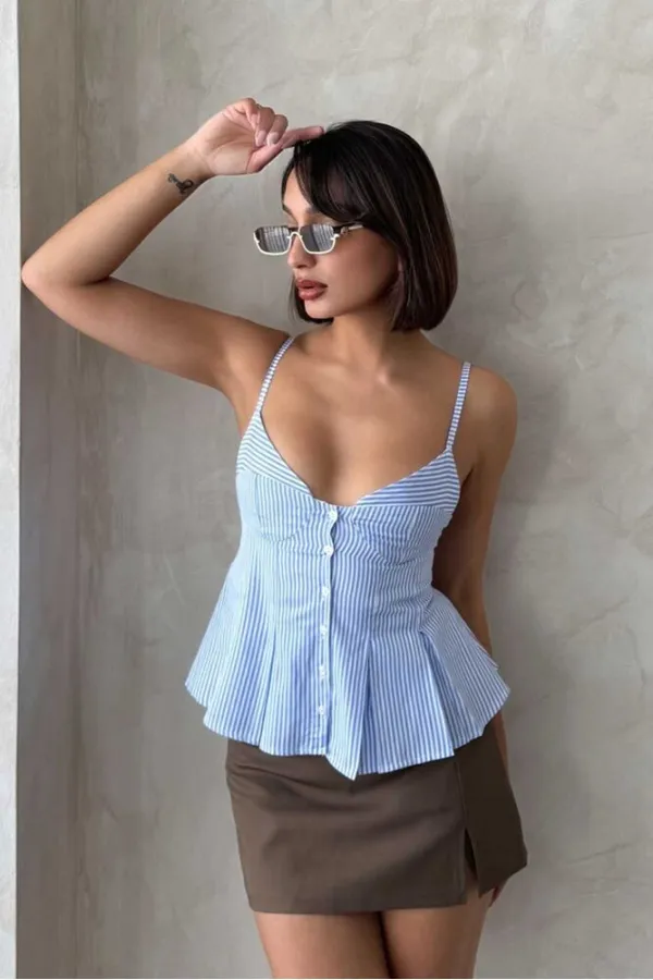Striped Strap Blouse - Blue | Topshow