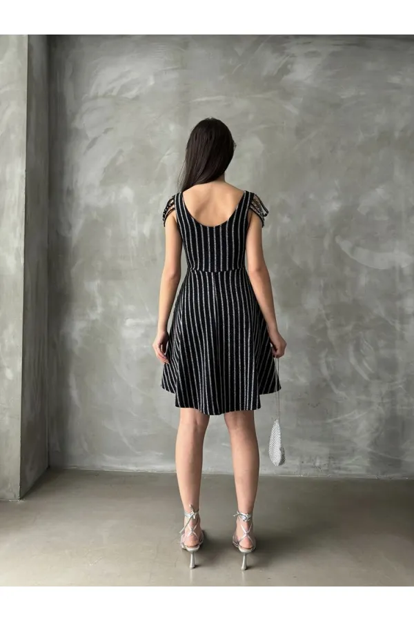 Topshow Black Silver Striped Sleeveless Wholesale Dress