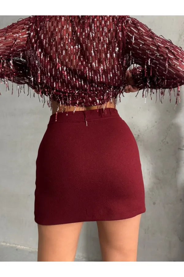 Yırtmaçlı Toptan Etek - Bordo | TOPSHOW | F1351