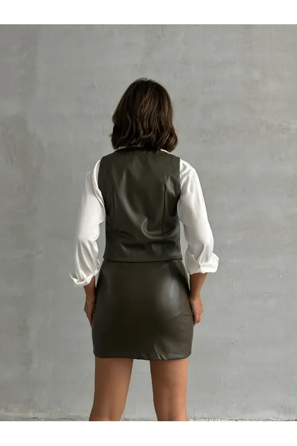 Düğmeli Deri Toptan Yelek - Haki | TOPSHOW | F1503