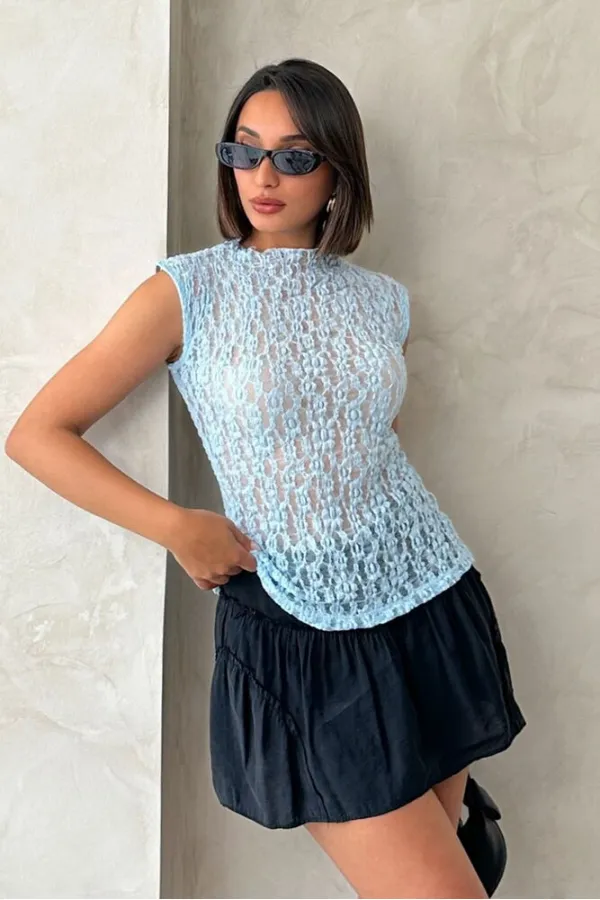 Blouse en dentelle à manches zéro - Bleue (vente en gros) | Topshow