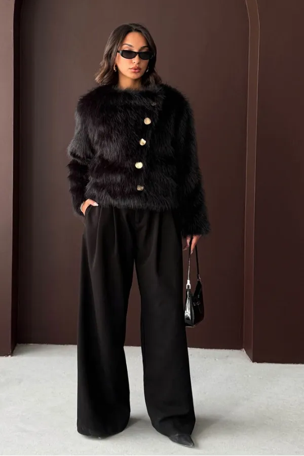 Topshow - Manteau boutonné en fourrure de lapin en gros - Noir