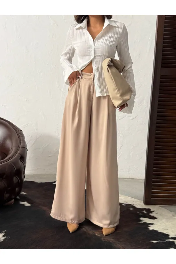 Yüksek Bel Bol Paça Saten Pantolon – Şık Ve Rahat Tasarım - Taş | F2052