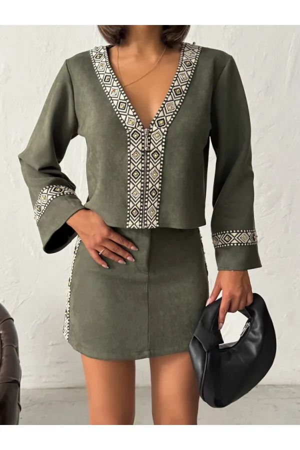 Topshow Şerit Detaylı Scuba Süet Etek - Haki | F1974