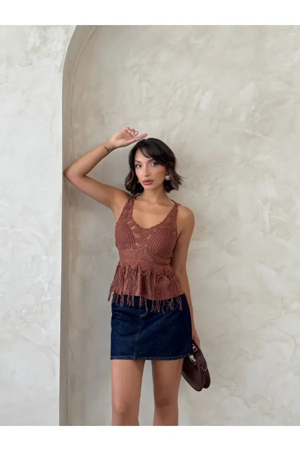 Dantel Detaylı Askılı Toptan Bluz- Kahve | Topshow