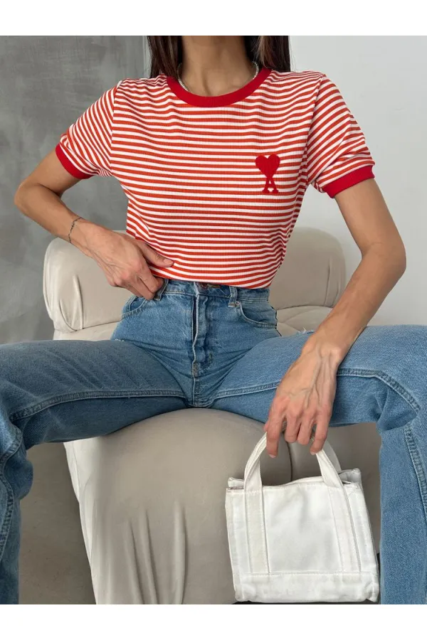 Topshow Oranj Kırmızı Nakışlı Çizgili Toptan Tişört