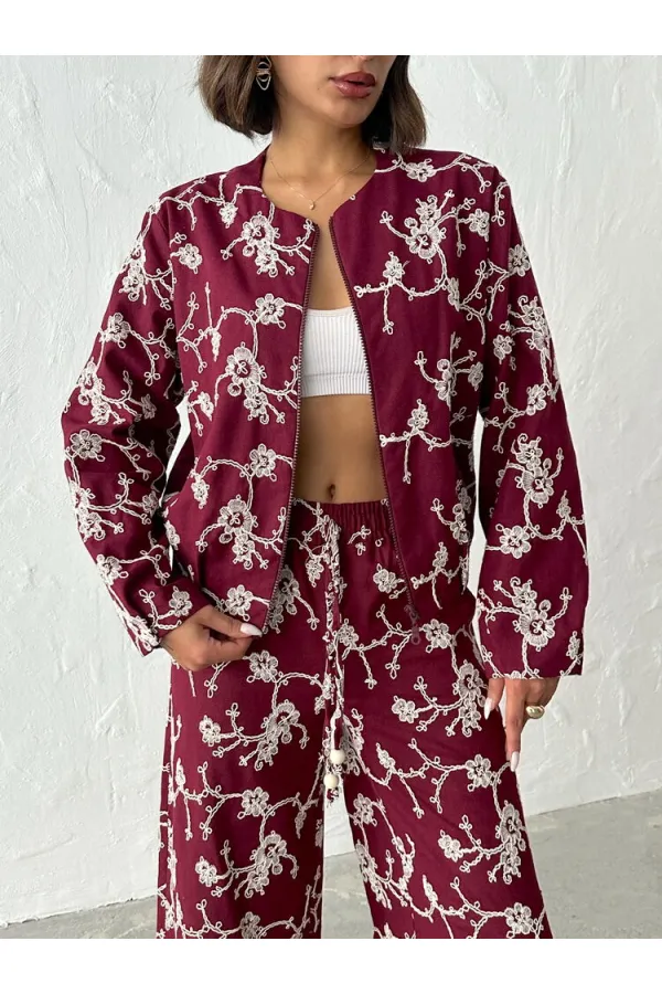 Veste zippée à broderies florales - Bordeaux | Topshow | F1948