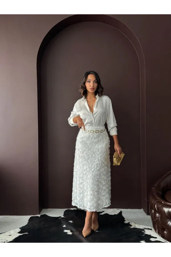 Topshow Gül Süzüneli Etek - Ekru | F2005