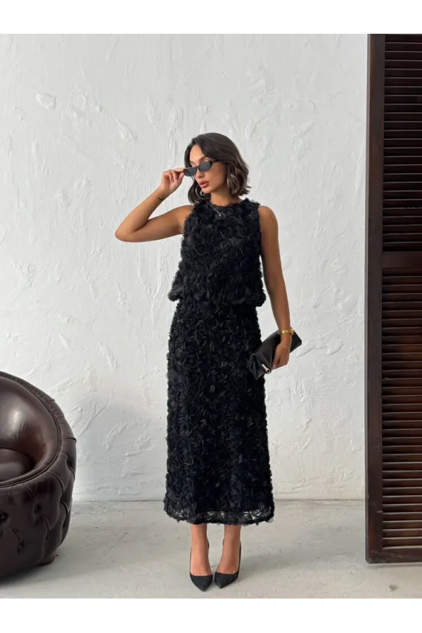 Topshow - Toptan Gül Süzüneli Etek - Siyah