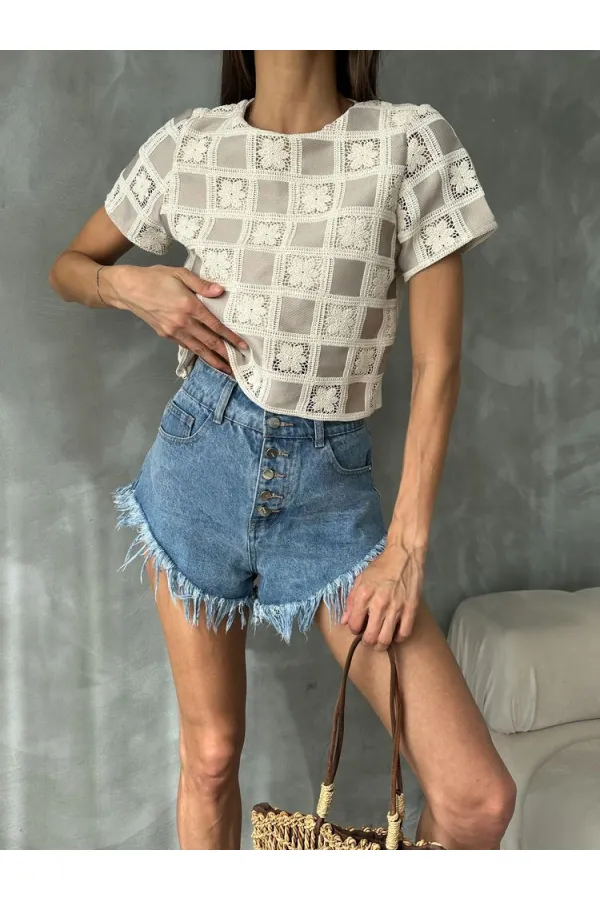 Topshow Raw Stone Short Sleeve Checkerboard Pattern Crochet Wholesale Blouse