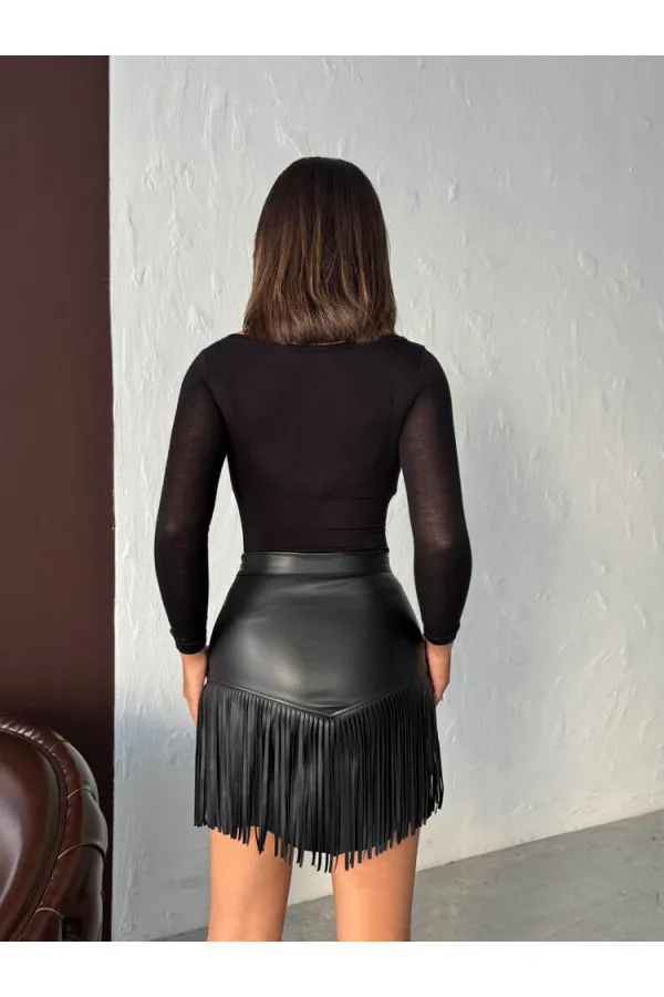 Topshow Western Style Tassel Mini Leather Wholesale Skirt - Black | F2041