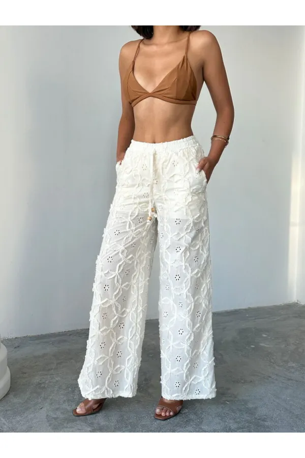 Nakışlı Süzüneli Pantolon - Taş | Topshow