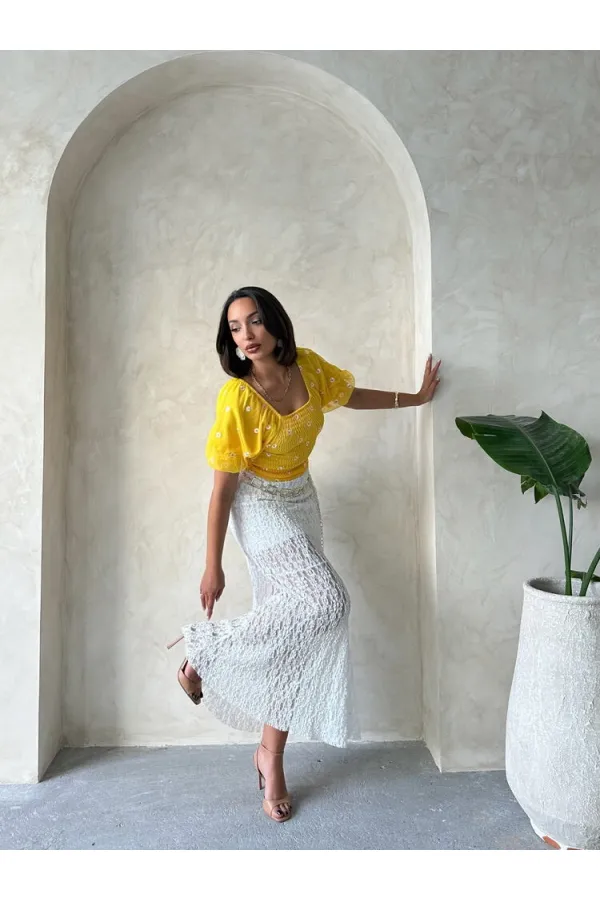 Blouse en mousseline à motifs détaillés jaunes Topshow Gipe, vente en gros