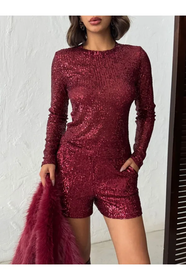 Chemisier à manches longues brodé de sequins scintillants Topshow pour femme - MARRON | F1866