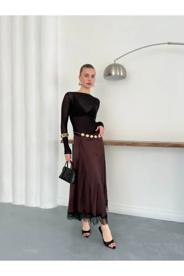 Topshow | Jupe en satin marron avec détails en dentelle | D2930