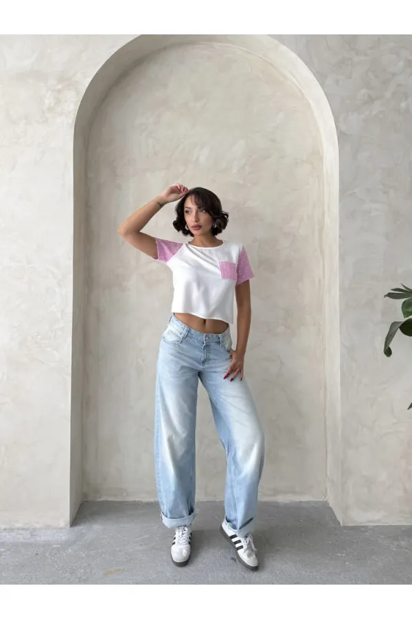 Denim Detailed Wholesale T-Shirt - Cream Pink | Topshow