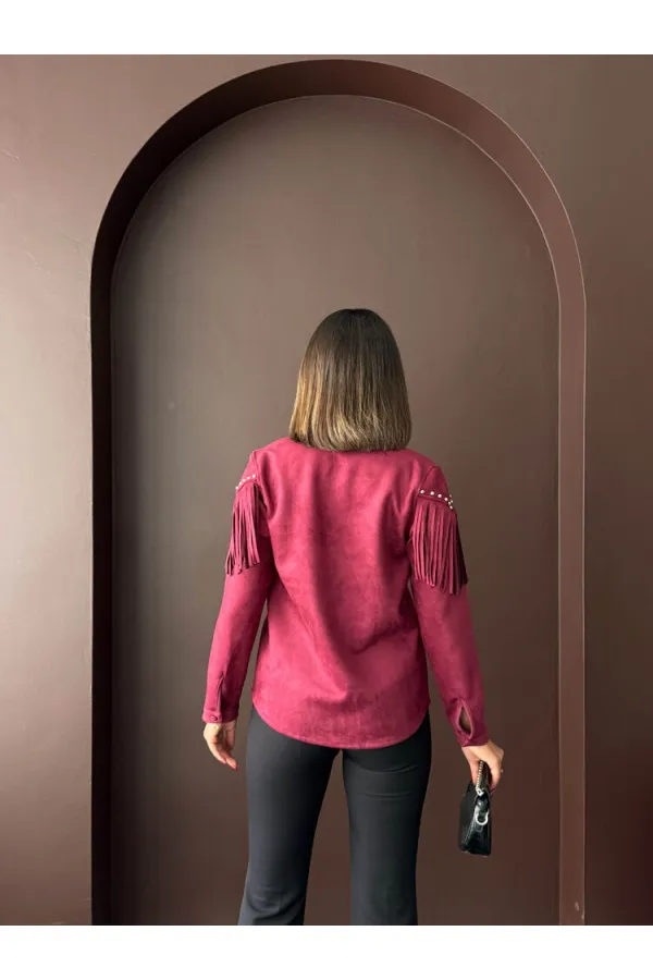 Chemise Topshow à franges en daim scuba - Rouge bordeaux | F2029