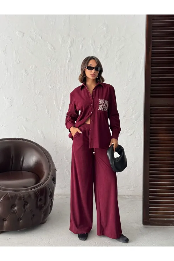 Topshow - Toptan Fitilli Kadife Pantolon - Bordo