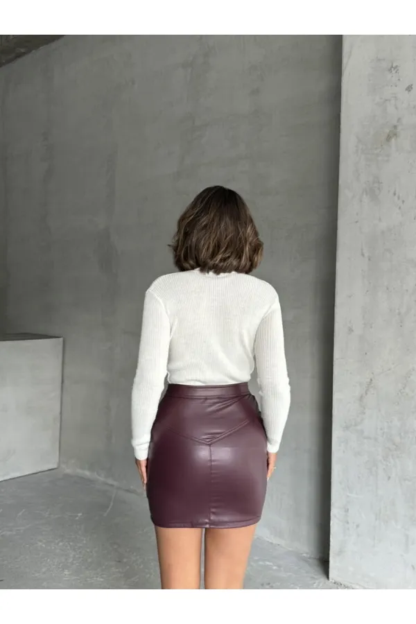Fermuarlı Deri Toptan Etek - Bordo | TOPSHOW | F0125