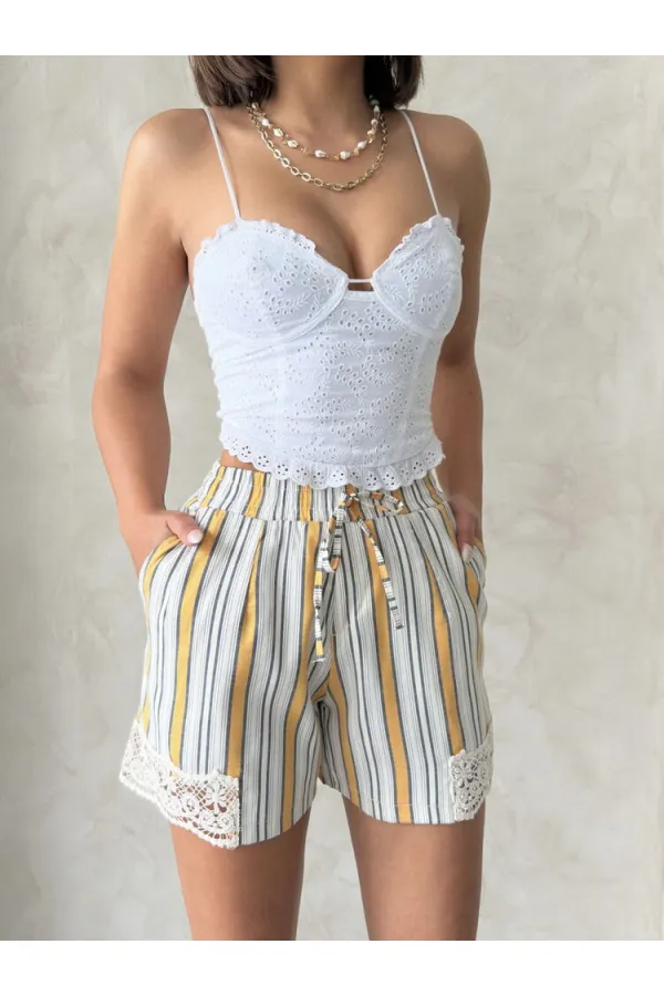 Paça Dantelli Çizgili Şort - Hardal | Topshow