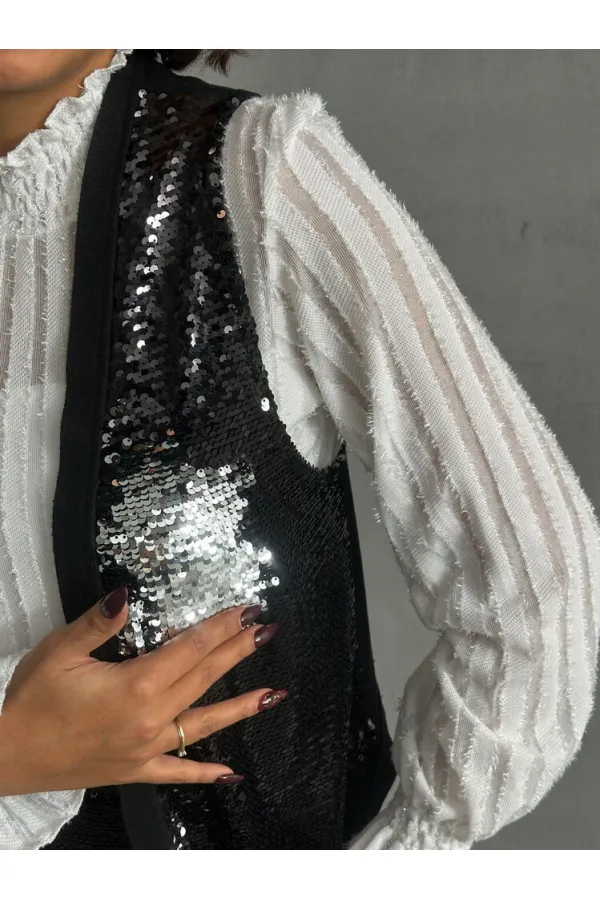 Pullu Toptan Yelek - Siyah Gümüş | TOPSHOW | F1750