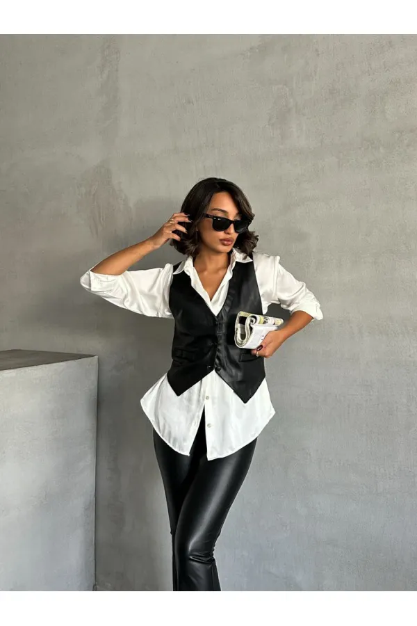 Gilet en cuir boutonné en gros - Noir | TOPSHOW | F1503