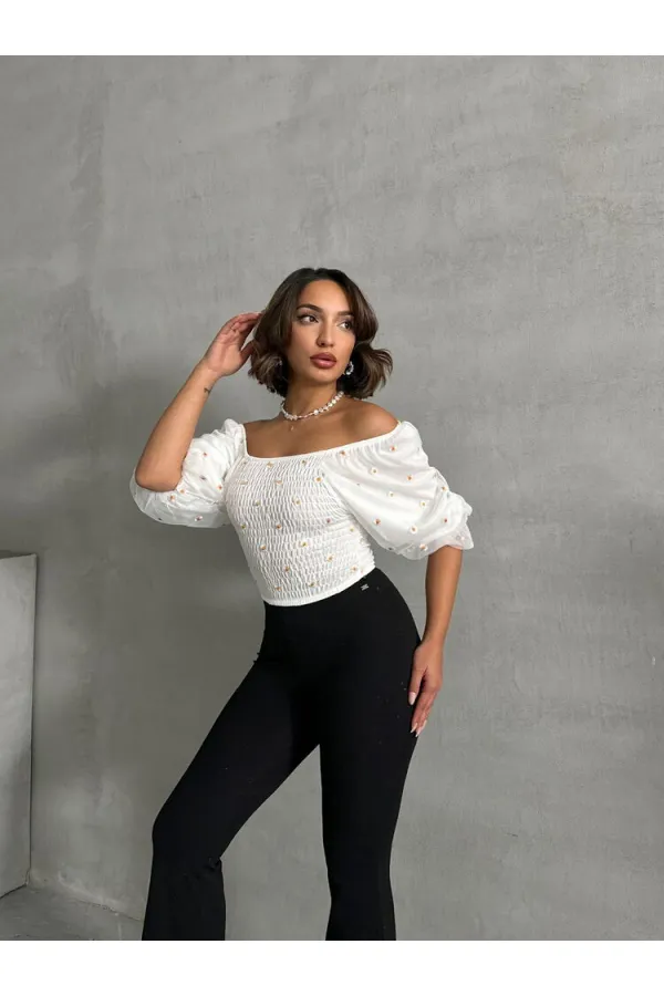 Gipeli Papatya Desenli Toptan Bluz - Krem | TOPSHOW | F0988