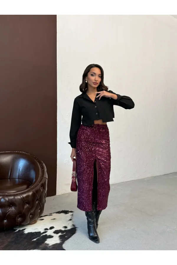 Jupe longue en velours à paillettes F 2053 - Bordeaux