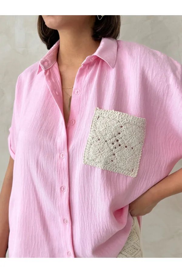 Aplik Cepli Keten Toptan Gömlek - Pembe | Topshow