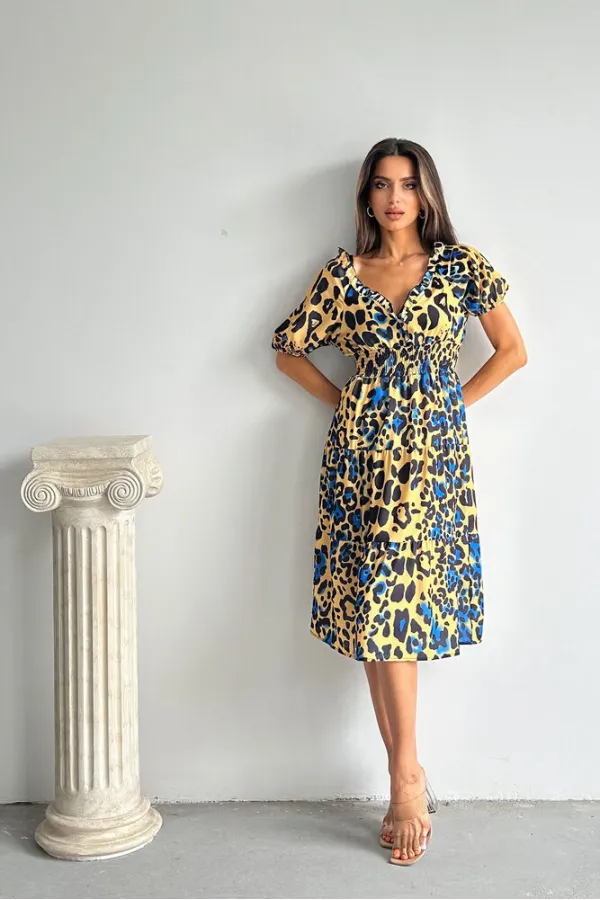 Topshow Leopard Saxe Patterned Long Wholesale Dress