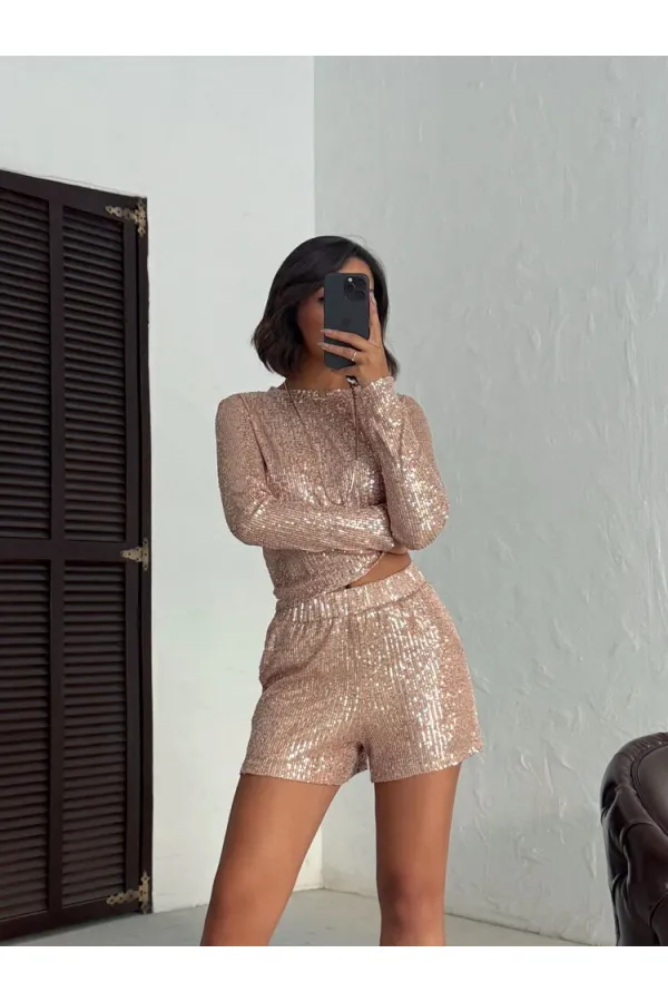 Chemisier à manches longues brodé de sequins scintillants Topshow pour femme - CUIVRE | F1866